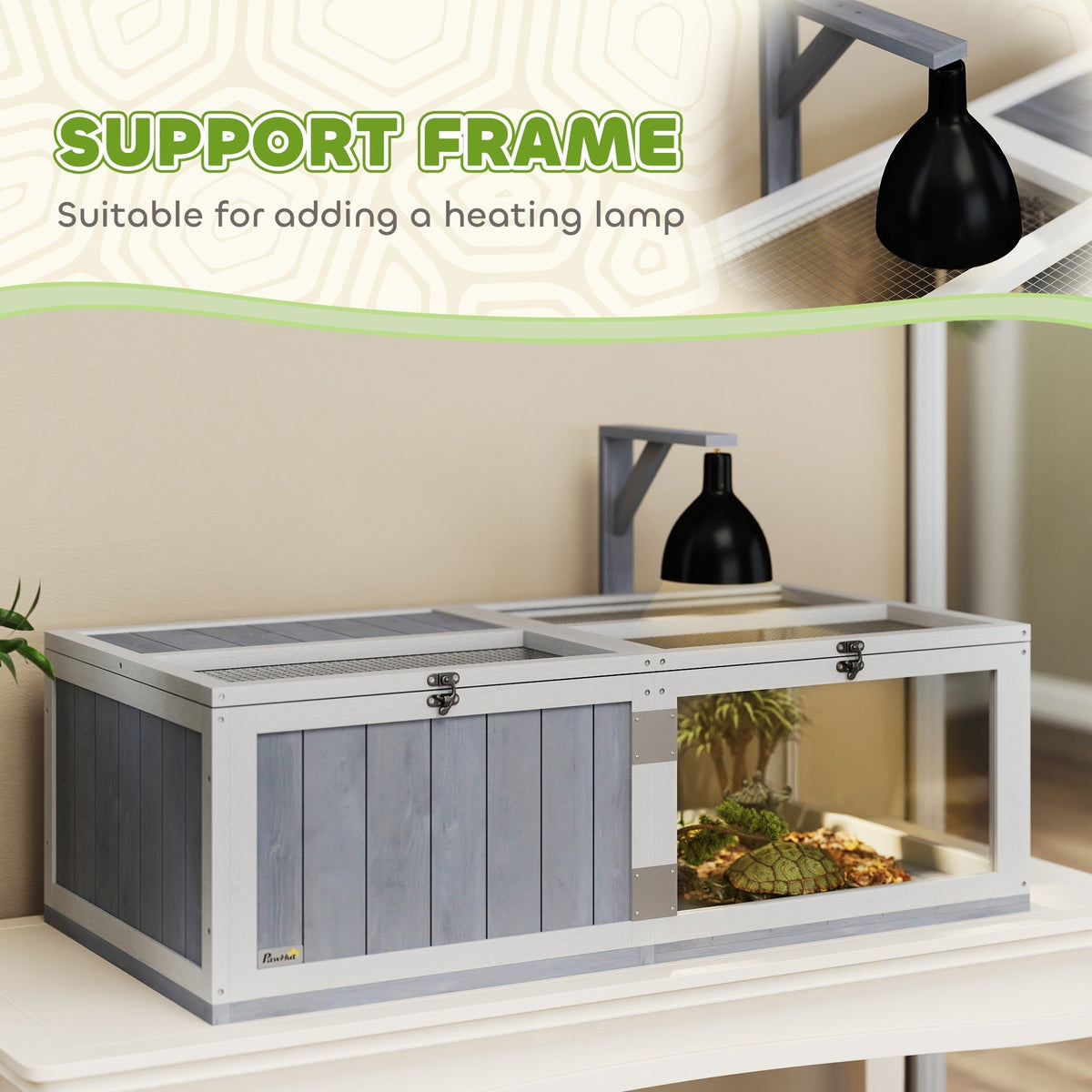 PawHut Wooden Tortoise House with Lamp Holder, Clear Windows, Openable Tops, Built-In Tray, Light Grey