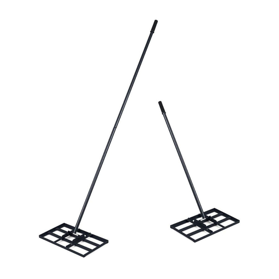 Lawn Leveling Rake Heavy-Duty Metal Levelawn Tool with 43 x 25 cm Plate-Black, showing the tool from two angles