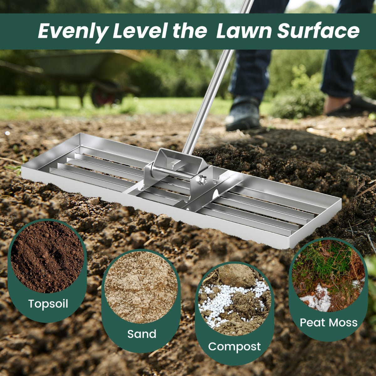 75/91/106 x 25cm Lawn Leveling Rak with Ergonomic Handle-106 x 25 cm-Silver