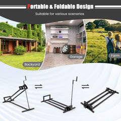 The black mower lift shown in three stages of folding for storage in different locations