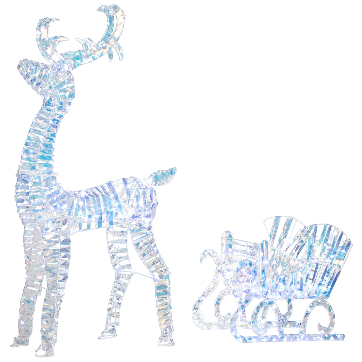 Outsunny Lighted Christmas Reindeer with Sleigh, Outdoor Yard Reindeer with 170 Warm White LED Lights, Holiday Decor with Stakes, Waterproof, Silver
