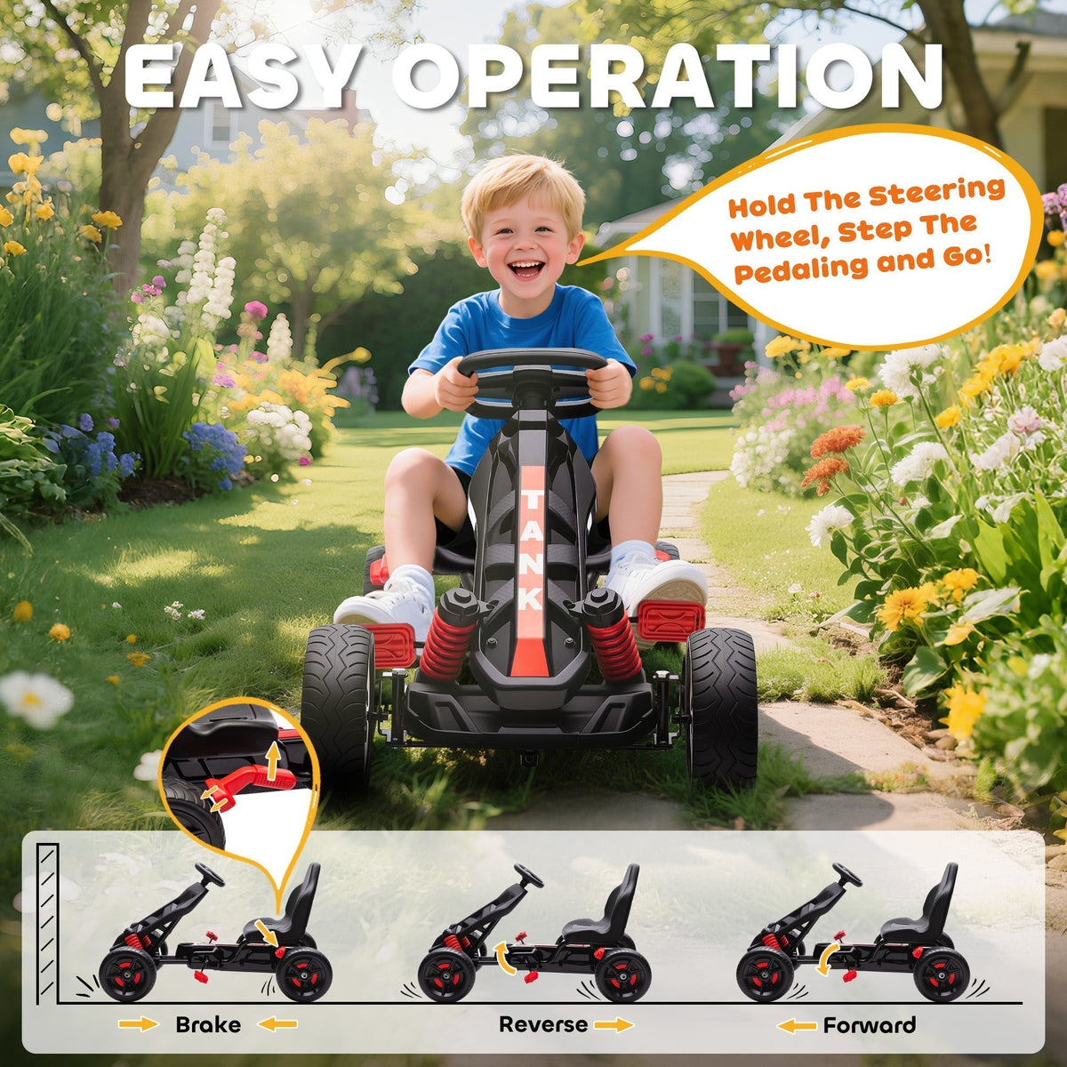 AIYAPLAY Pedal Go Kart for Kids Aged 3-6 Years, with Freewheel System, Brake, EVA Anti-Slip Wheels, Red