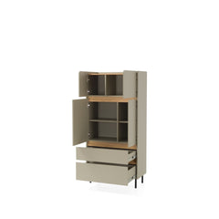 The highboard cabinet with all doors and drawers open to reveal internal storage shelves