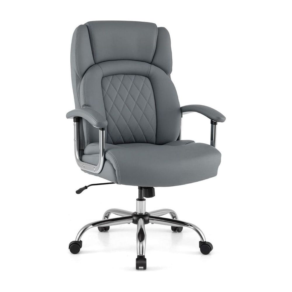 Leather Office Chair with Rocking Mode and Armrests in grey with a quilted backrest and chrome base
