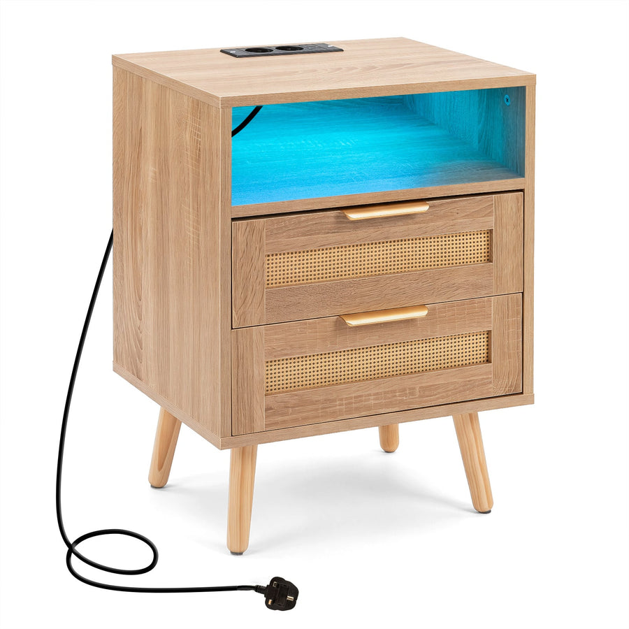 LED Lights Rattan Bedside Table in Oak