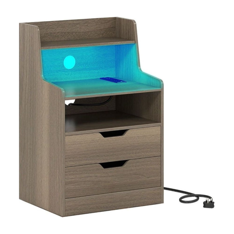 LED Nightstand with Charging Station 2-Drawer Bedside Table with Open Shelf-Grey