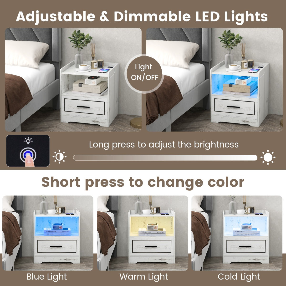 LED Nightstand with USB and Type-C Port-White