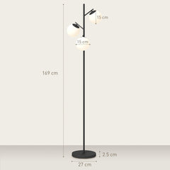 HOMCOM 3-Light Tree Floor Lamps for Living Room, Modern Standing Lamp for Bedroom with Globe Lampshade, Steel Base, Bulb not Included, Black
