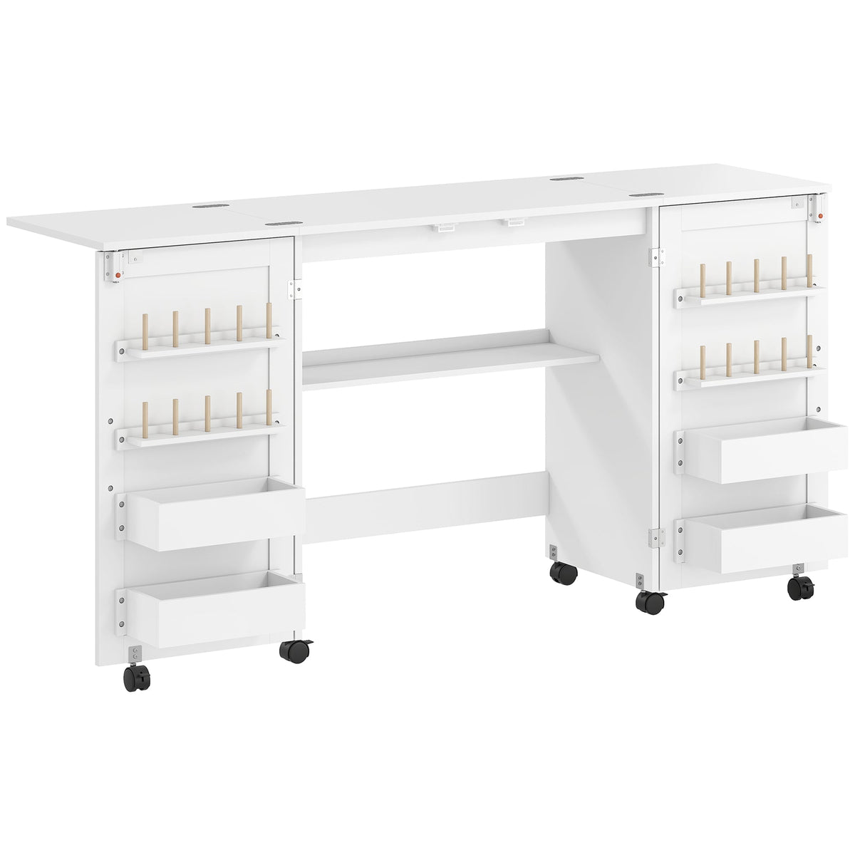 HOMCOM Folding Sewing Table with 2 Magnetic Doors, Storage Shelf, Lockable Wheels, Space Saving, White