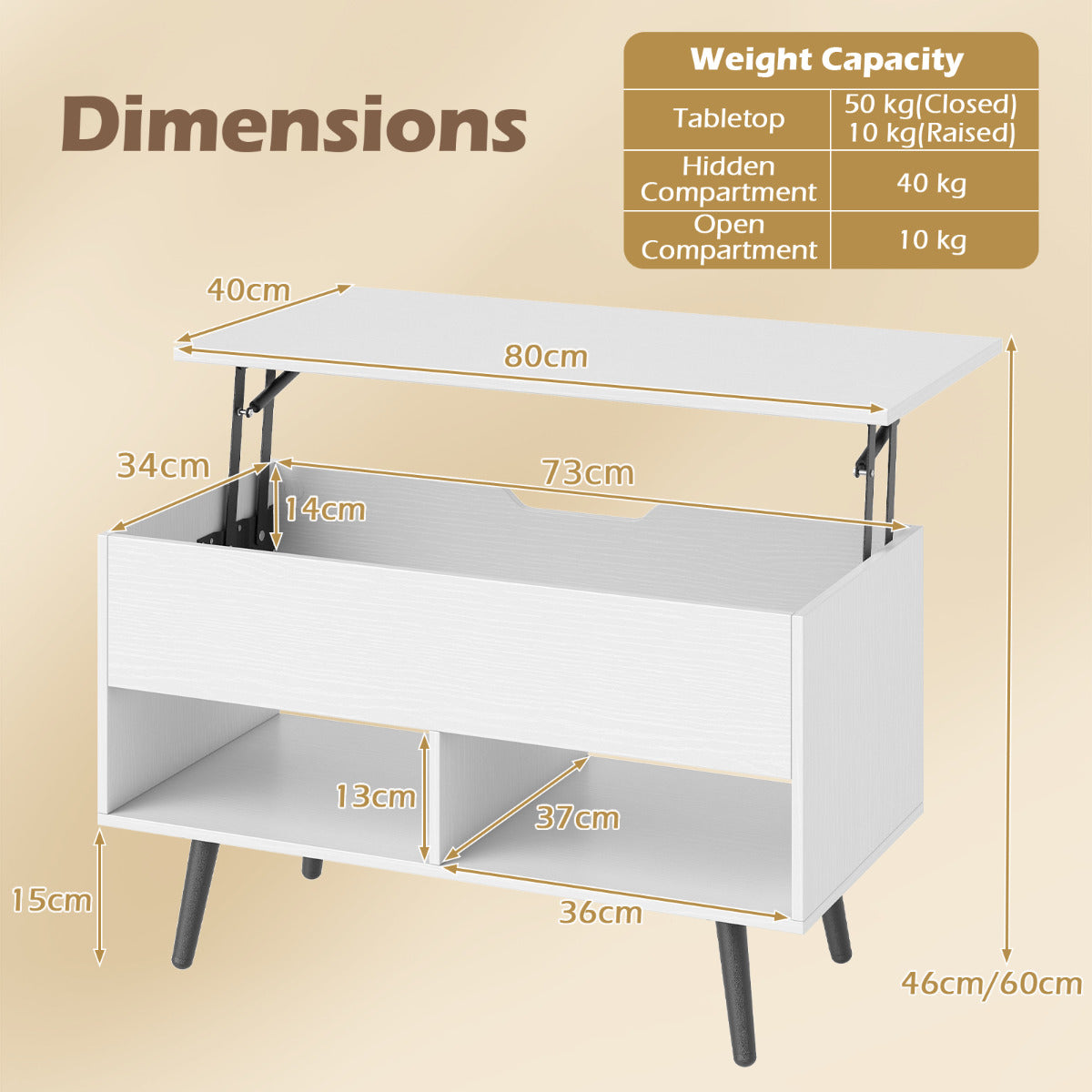 Lift Top Coffee Table with Hidden Compartment and Open Storage Shelves-White