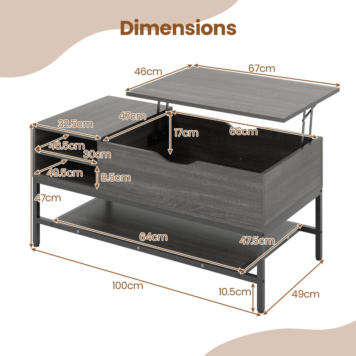 Lift Top Coffee Table with Hidden Compartment and Storage Shelf-Grey