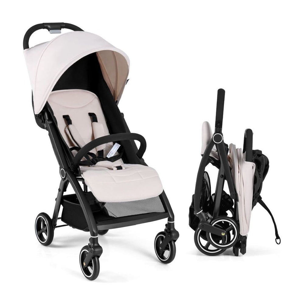 Lightweight Foldable Baby Stroller with Adjustable Backrest and Canopy in beige, shown open and folded