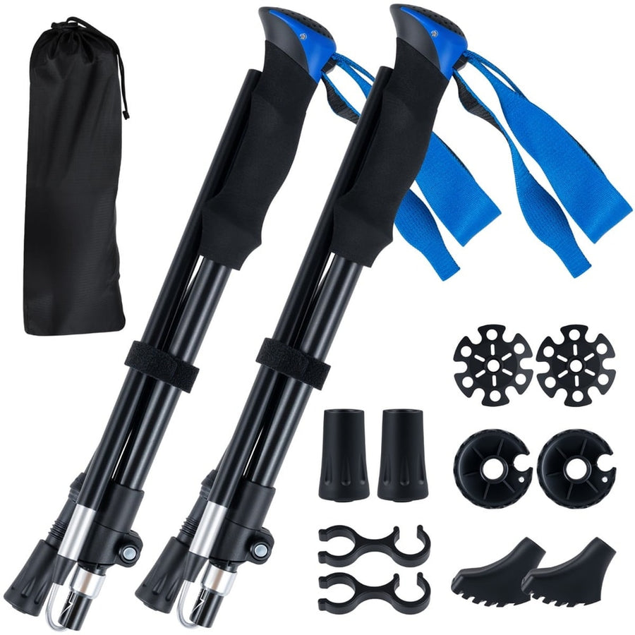 Lightweight Tri-fold Walking Sticks with flip lock and EVA foam handle in blue, with accessories