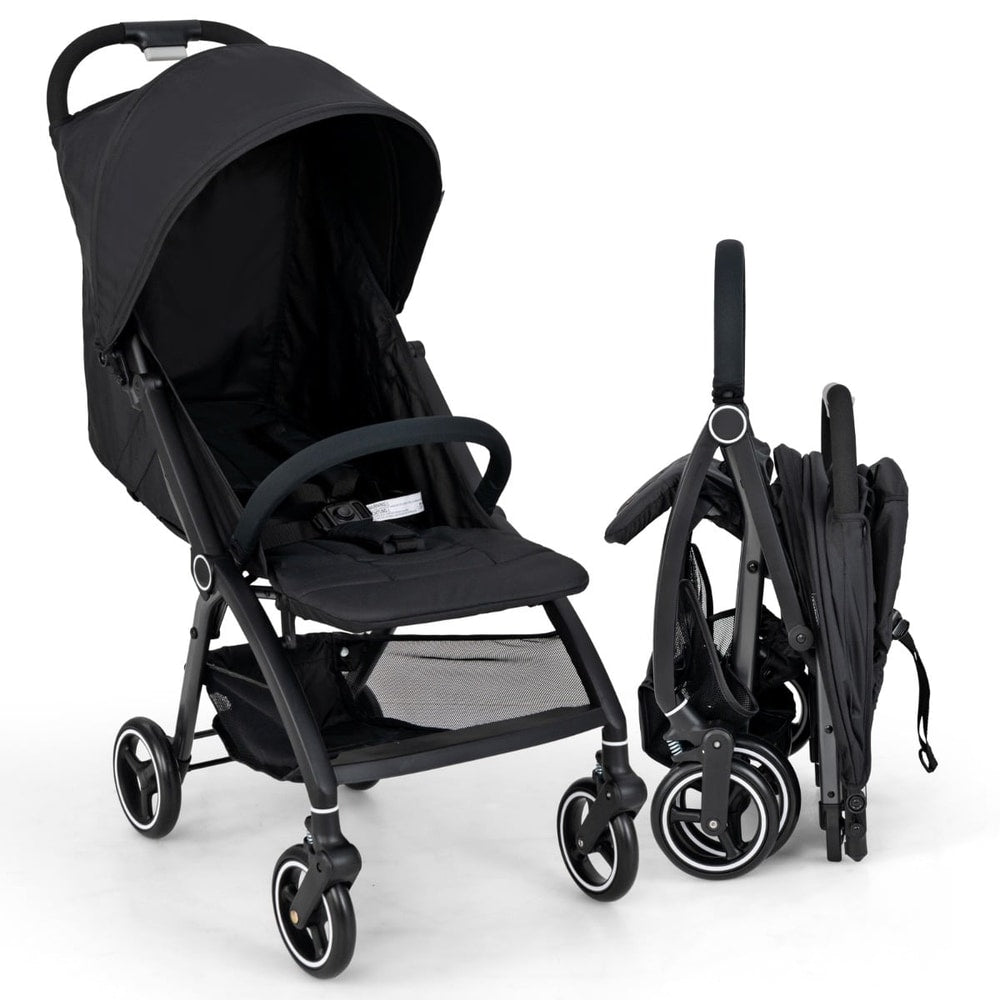 Lightweight Foldable Baby Stroller with Adjustable Backrest and Canopy in black, shown open with a baby inside