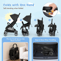 Steps showing how to fold the lightweight baby stroller with one hand
