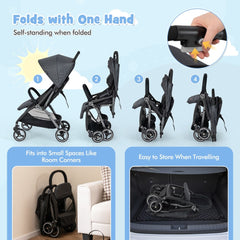Collage showing how to fold the grey baby stroller and store it in a car boot
