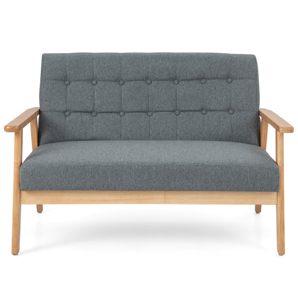 2-seat Cushioned Couch with Rubber Wood Frame and Classic Tufted Design-Grey