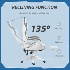 Vinsetto Computer Gaming Chair, PU Leather Desk Chair with Footrest, Swivel Task Chair with 135 Reclining Back and Lumbar Support, PC Chair for Adults, White and Grey