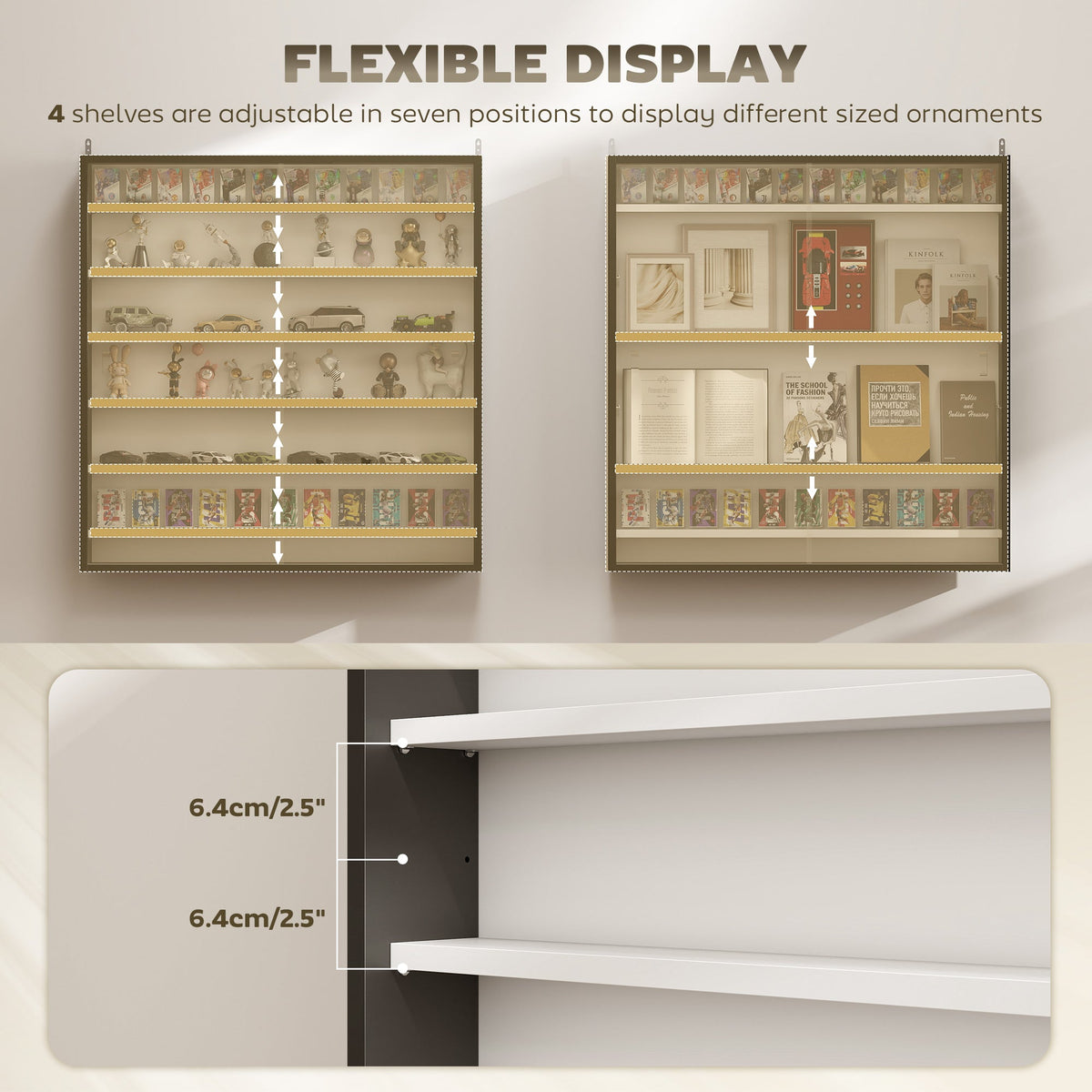 HOMCOM Six Shelf Display Cabinet, with Glass Doors - Black and White