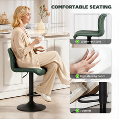 HOMCOM Bar Stools Set of 2, PU Leather Barstools with Backrest and Footrest for Kitchen, Counter, Breakfast Bar, Green