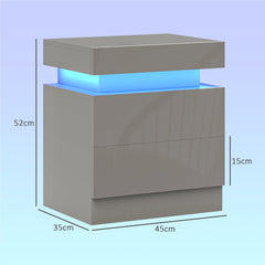 HOMCOM Grey Bedside Table with LED Light, High Gloss Front Nightstand with 2 Drawers, for Living Room, Bedroom