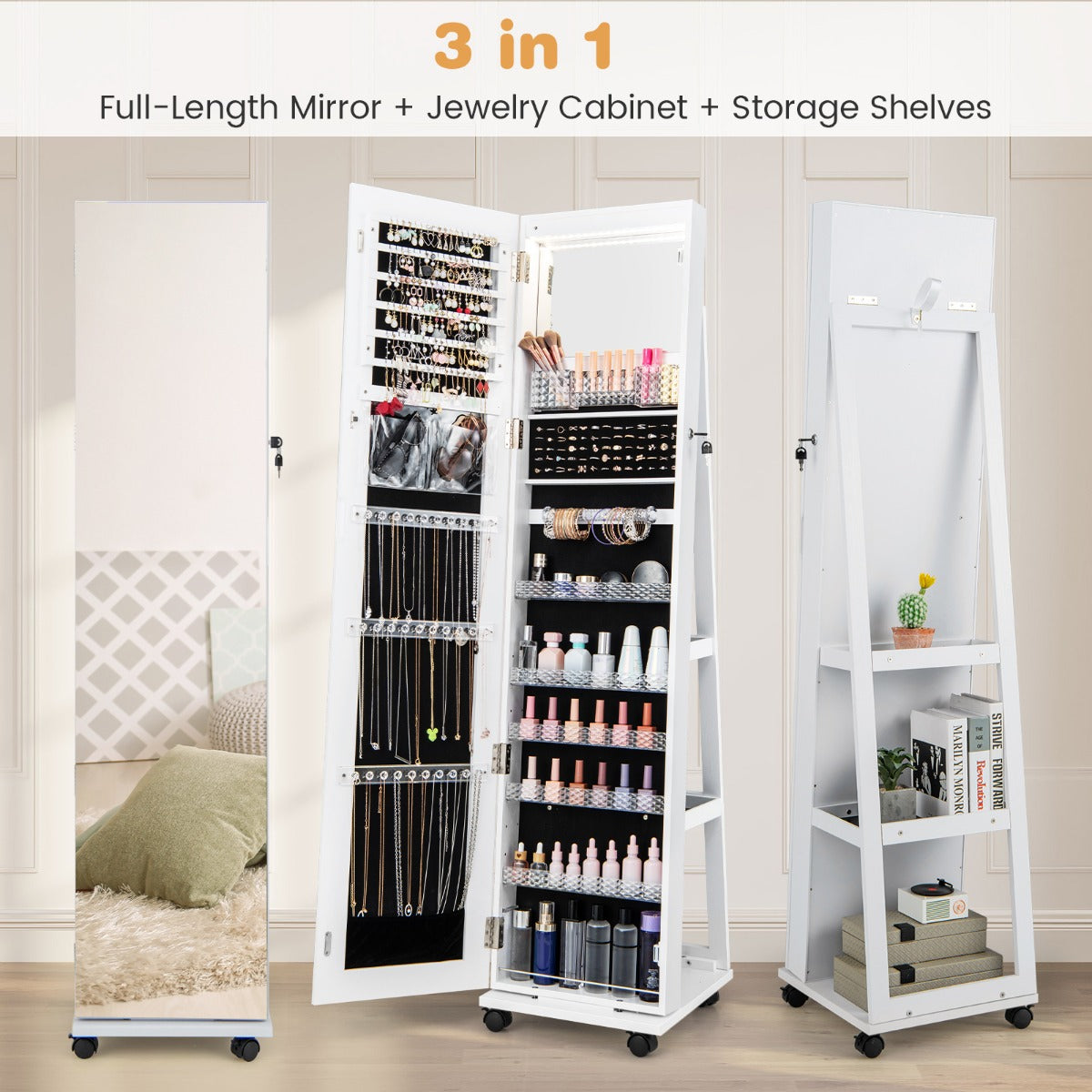 Lockable Jewelry Cabinet Armoire with Built-in Makeup Mirror and 3-Color LED Lights-White
