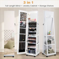 Lockable Jewelry Cabinet Armoire with Built-in Makeup Mirror and 3-Color LED Lights-White