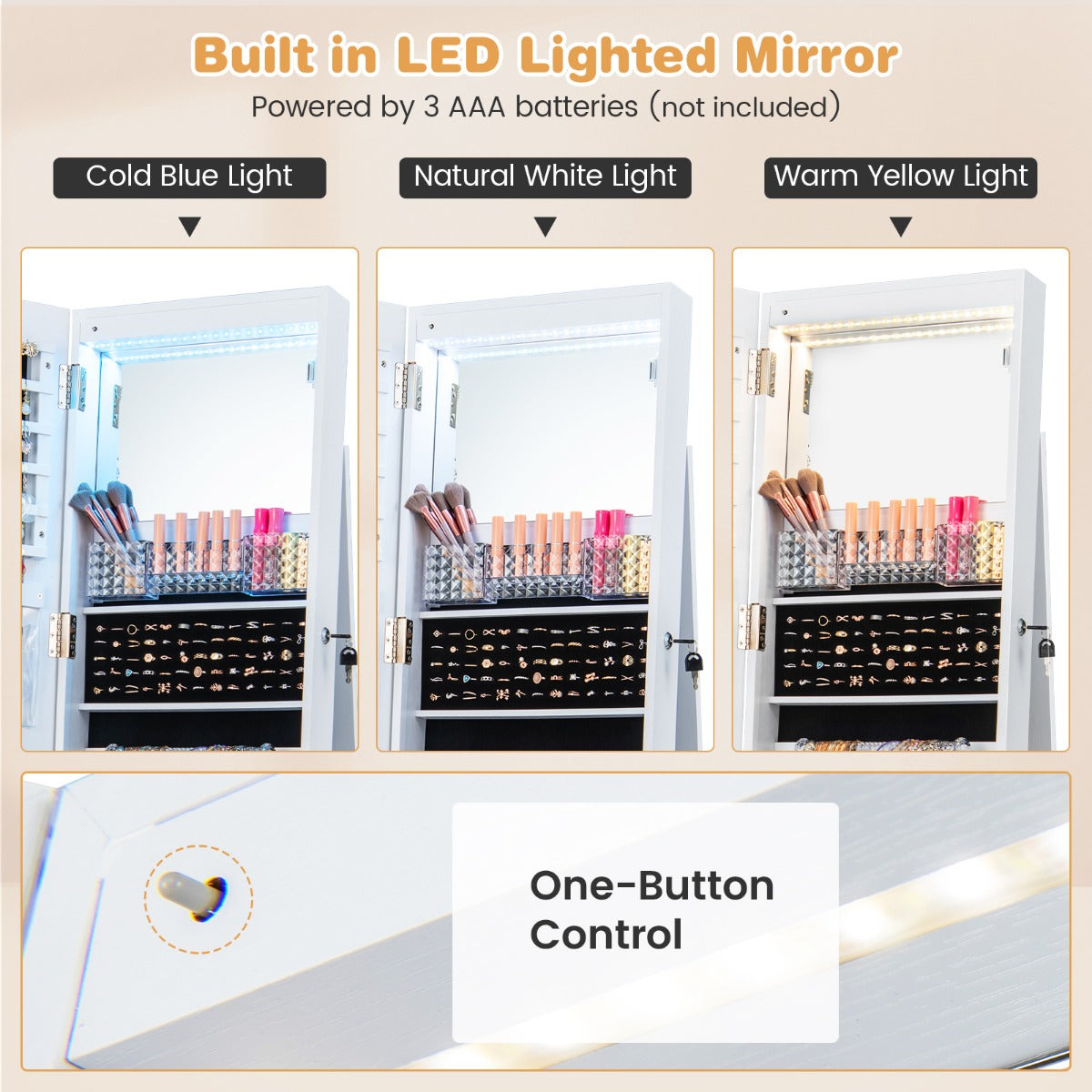Lockable Jewelry Cabinet Armoire with Built-in Makeup Mirror and 3-Color LED Lights-White