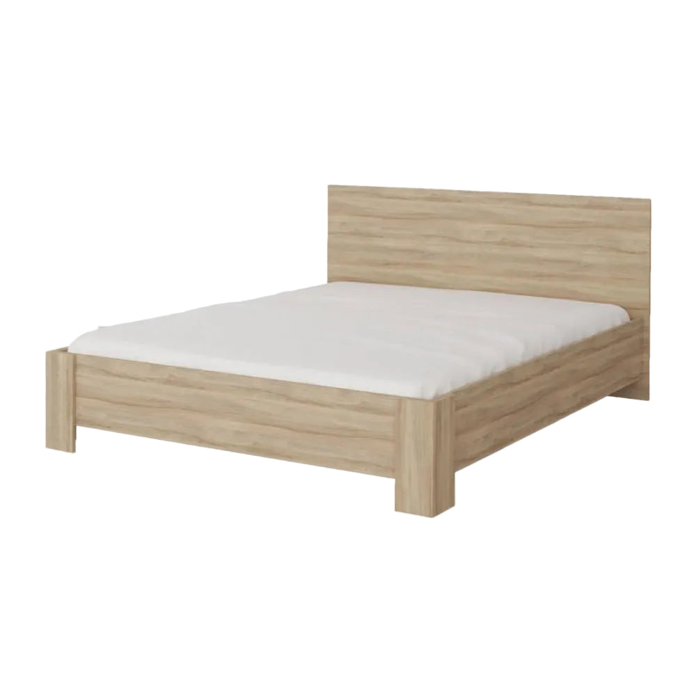 Wooden bed frame with white mattress on a white background