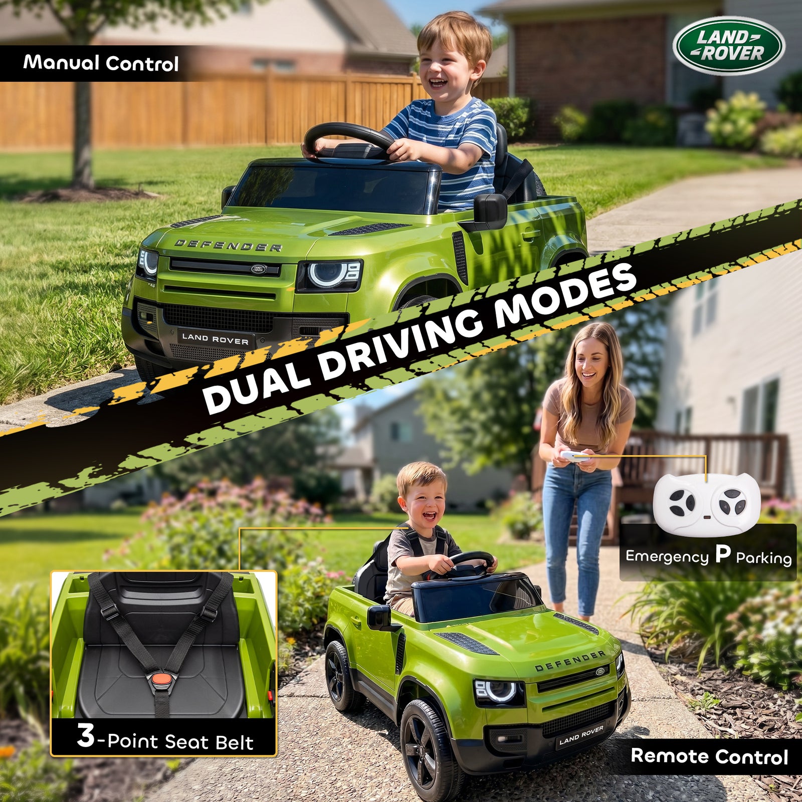 AIYAPLAY Land Rover Licensed 12V Kids Ride on Car with Remote, Suspension, Slow Start, 3 Speeds, Lights, Music, Horn, Green