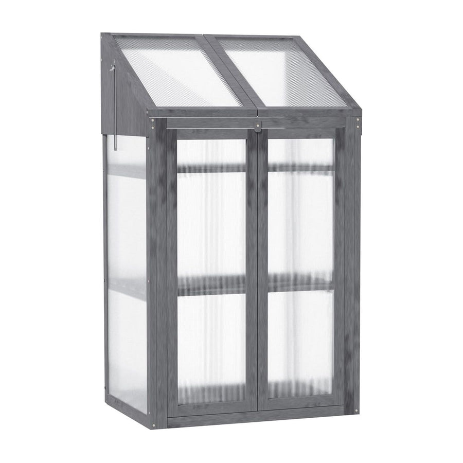 Outsunny Wooden Cold Frame Polycarbonate Greenhouse with Openable Top Cover and Double Door, Grow House for Flower, Vegetable