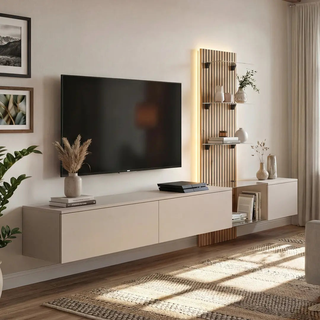 Luzz Entertainment Unit For TVs Up To 70" shown mounted on a wall with a TV and accessories