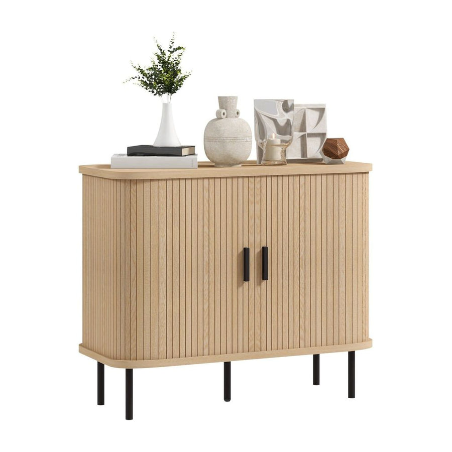 HOMCOM Mid-Century Modern Sideboard Storage Cabinet with Slatted Tambour Sliding Doors, Kitchen Cabinet with Steel Legs, Oak