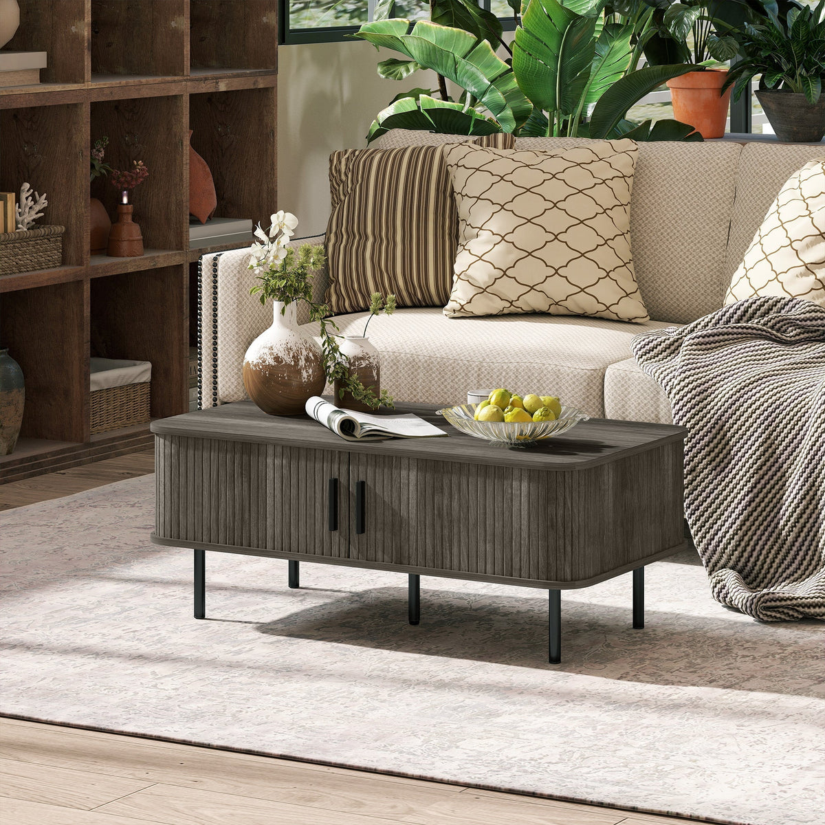 HOMCOM Coffee Table with Storage, Living Room Table with Slatted Tambour Sliding Doors and Foot Pads, Rectangular Coffee Table with Elevated Base for Living Room, Grey Wood-Effect