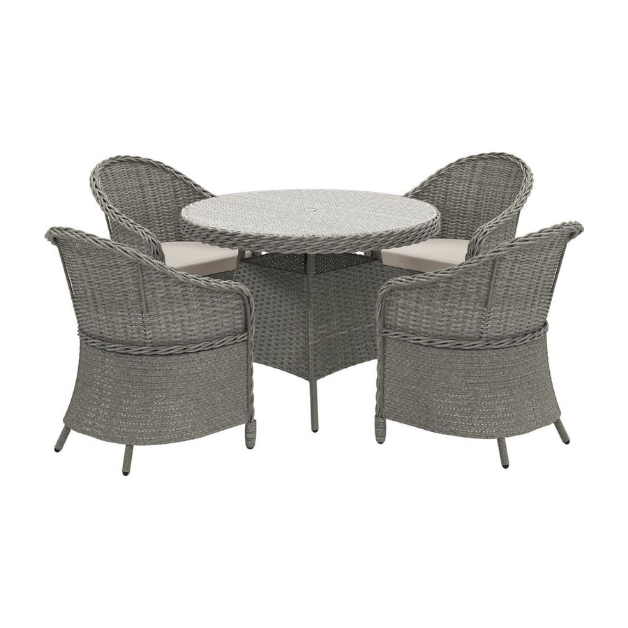 Outsunny 4 Seater Rattan Garden Furniture Set with Cushions, Round PE Rattan Dining Set with Glass-Top Table, Umbrella Hole