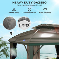 Outsunny 3.65 x 3(m) Hardtop Steel Gazebo Canopy with Aluminium Frame, Double Roof, Net Sidewalls and Curtains, Coffee