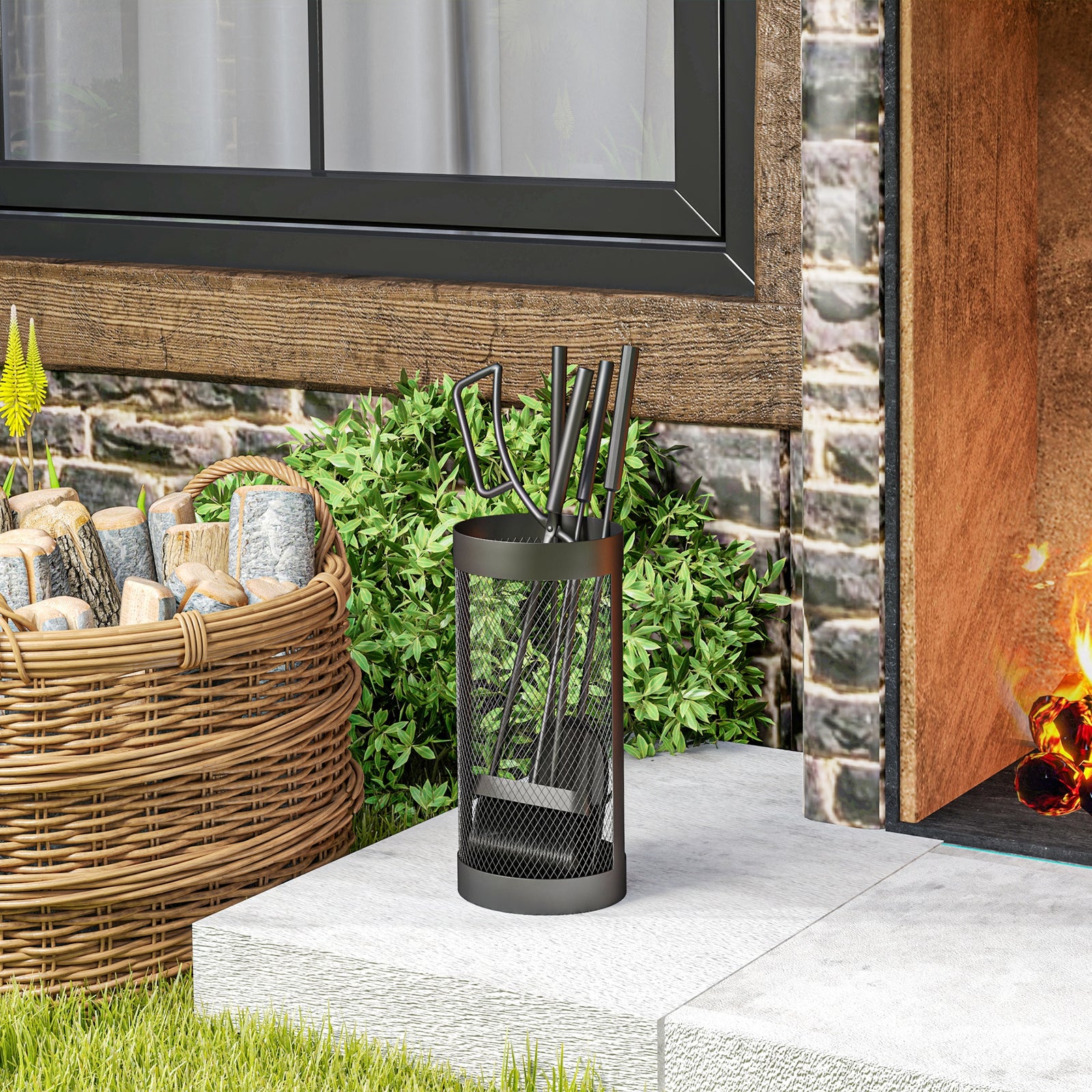 Outsunny 5-Piece Fireplace Tools Set with Mesh Basket, Indoor Outdoor Fireside Accessories for Fireplaces, Fire Pits, Black