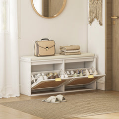 HOMCOM Boho Shoe Bench with Padded Seat and 2 Flip-Drawers - White