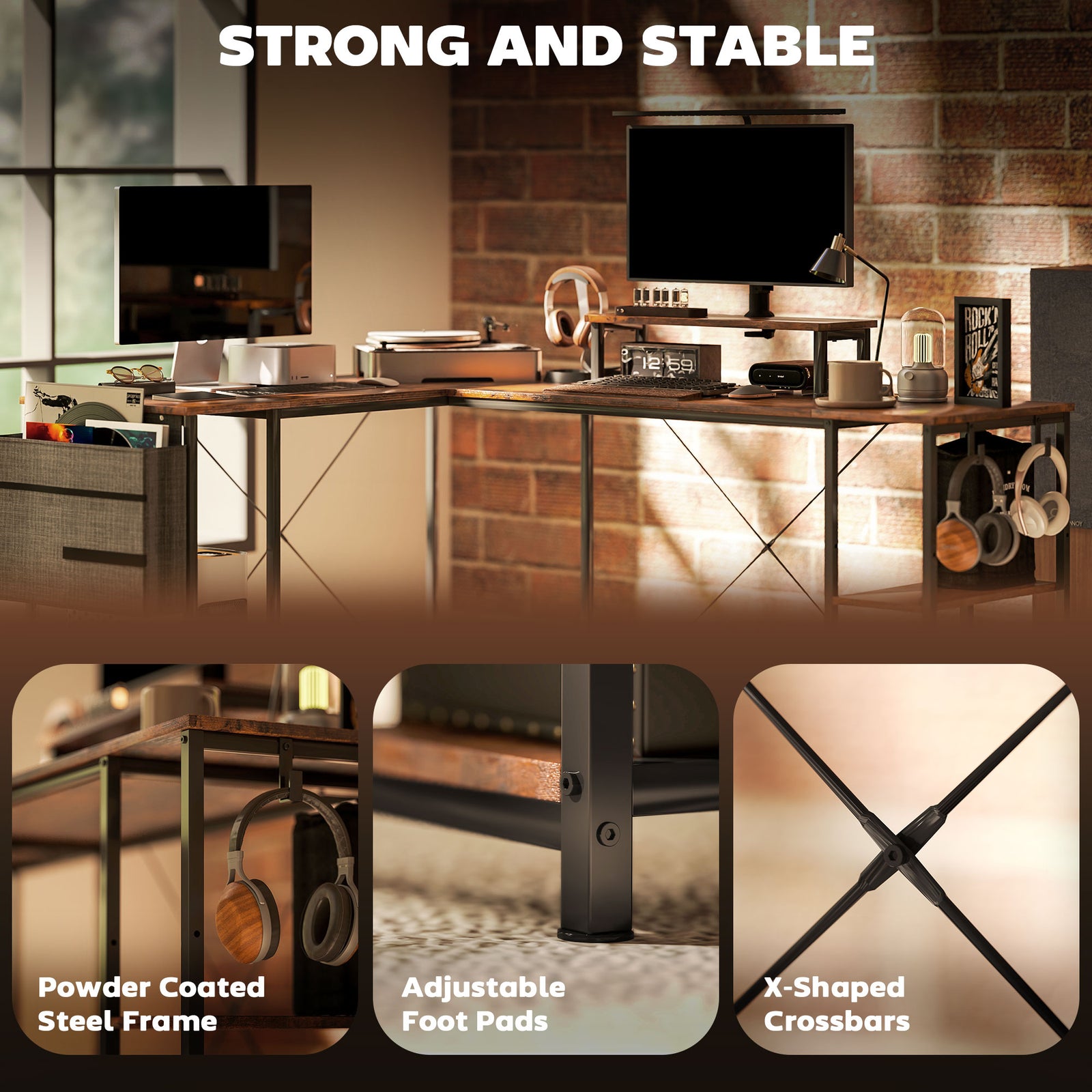 HOMCOM 168cm Reversible L Shaped Desk, Industrial Corner Computer Desk with Adjustable Shelf and Storage Bag, 240cm 2 Person PC Table with Monitor Stand, Rustic Brown