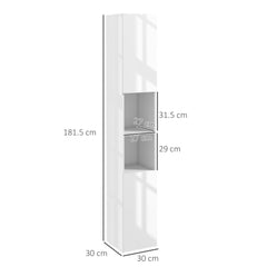 kleankin Freestanding Bathroom Cabinet, High Gloss Storage Cabinet with Doors and Adjustable Shelves, 30 x 30 x 181.5 cm, White