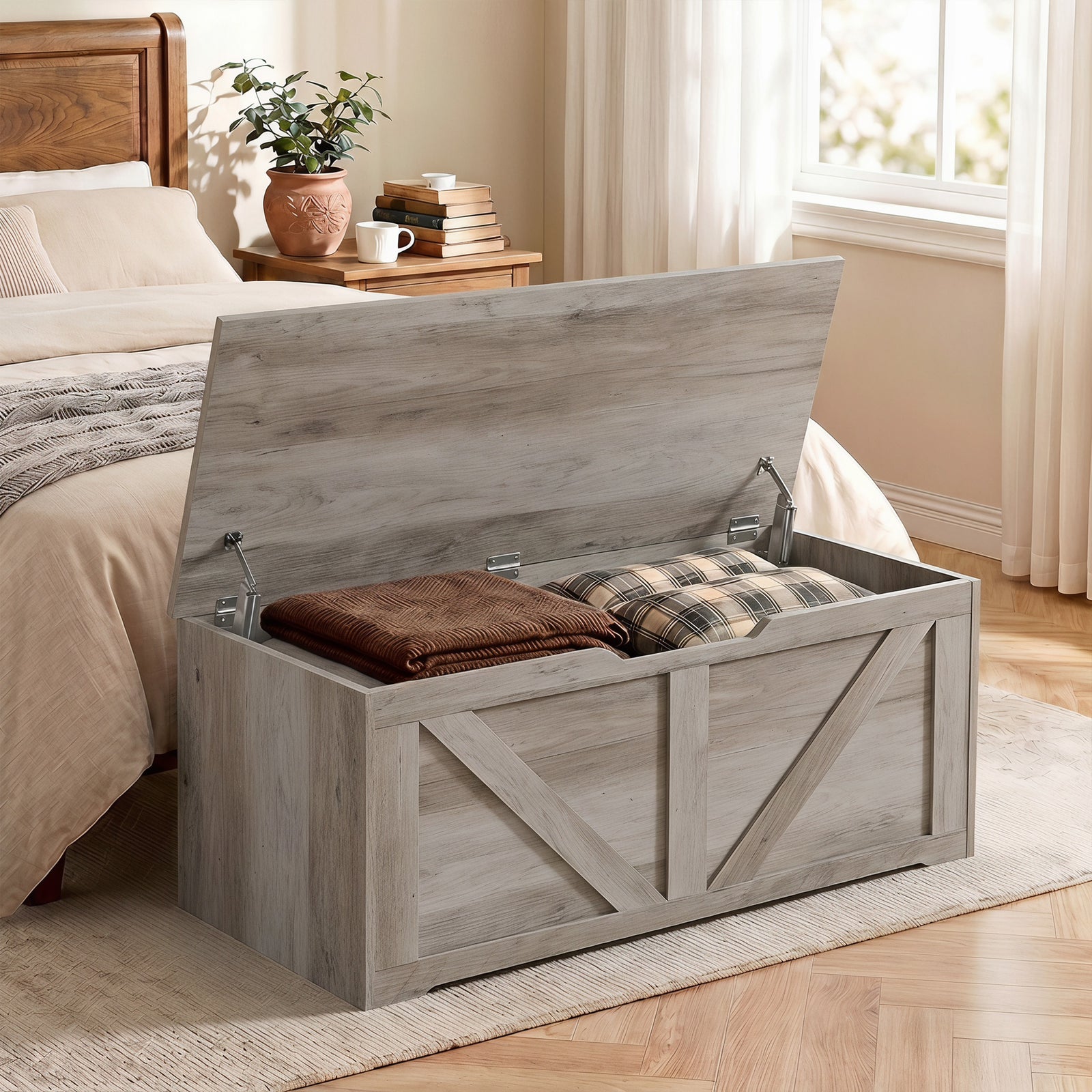 HOMCOM 127L Home Storage Box, with Safety Hinges - Grey Wood-Effect