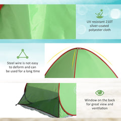 The beach shelter with close-up details of the fabric, frame structure and rear window