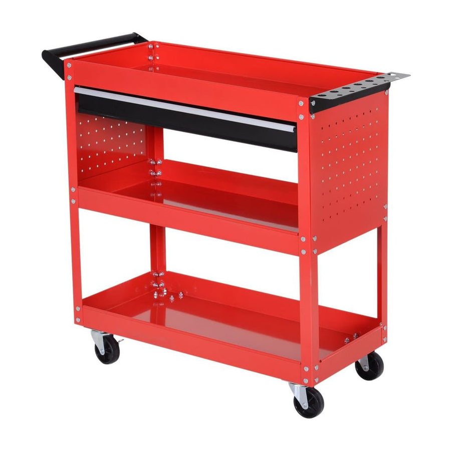 DURHAND 3-Tier Tool Trolley Cart Storage Shelf Roller Cabinet DIY Box Garage Workshop with Drawer Red