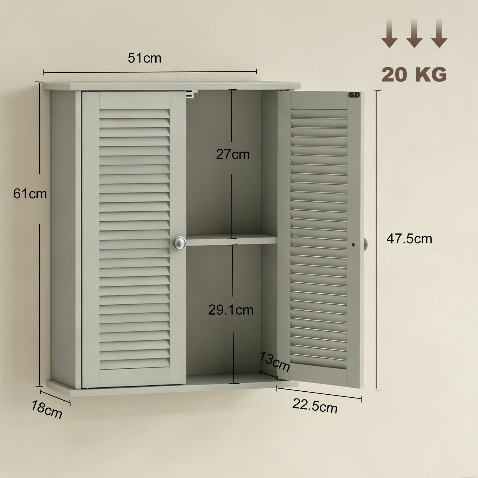 HOMCOM Bathroom Cabinet, Bathroom Wall Cabinet with Louvered Doors and Adjustable Shelf Storage for Kitchen, Light Green