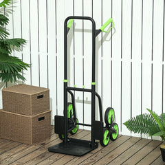 The folding sack barrow standing on a wooden deck next to two wicker storage boxes