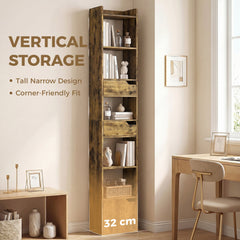 HOMCOM Bookcase Tall Narrow with 5 Tiers and Drawers Freestanding Bookshelf Storage Cabinet for Living Room Rustic Brown