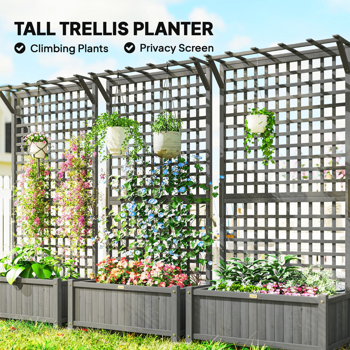 Outsunny Raised Bed with Drainage Holes, Wood Planter with Trellis for Climbing Plants, Dark Grey