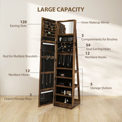 HOMCOM 360 Swivel Jewellery Cabinet, Free Standing Full Length Mirror with Storage, Lockable Jewellery Organiser with Built-in Makeup Mirror and Storage Shelves for Bedroom, Rustic Brown