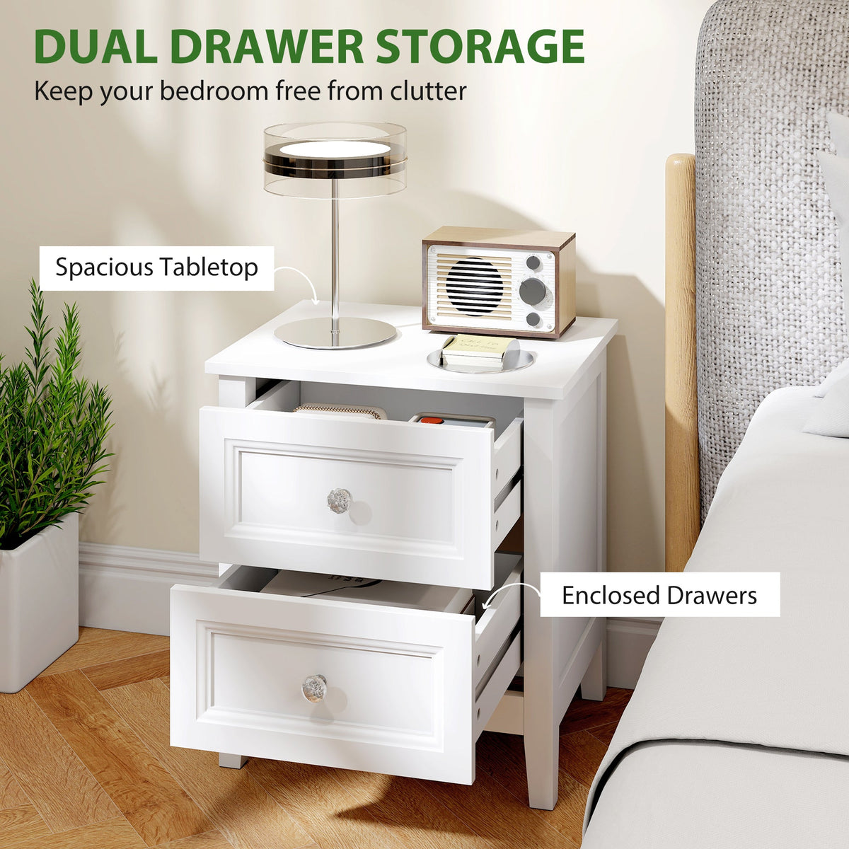 HOMCOM Nightstand with 2 Drawers Modern Bedside Table for Bedroom Living Room White