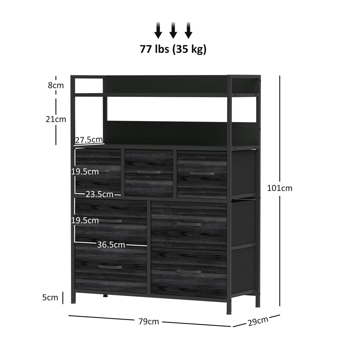 HOMCOM Rustic Chest of Seven Fabric Drawers - Black